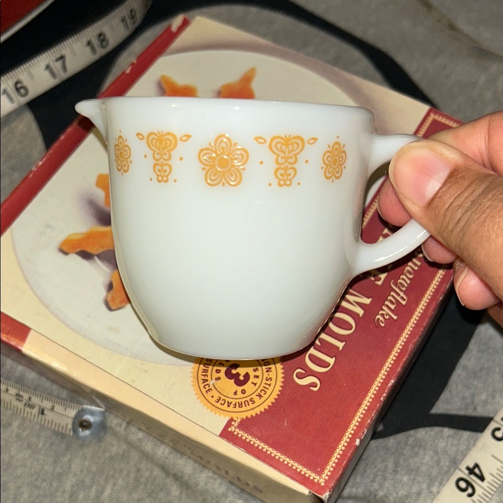 Pyrex milk glass creamer cup gold butterfly pattern